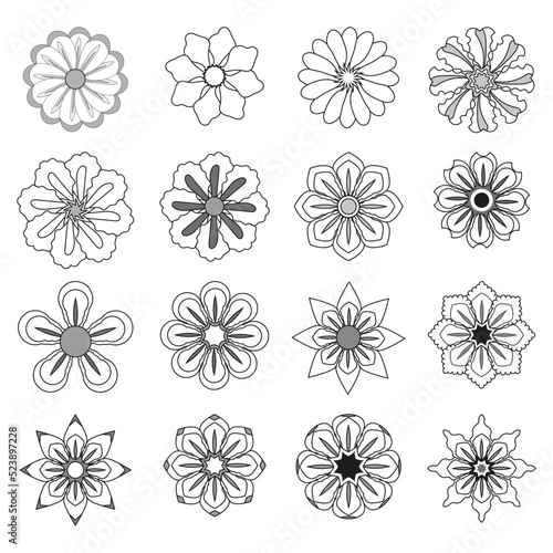 Black and white flowers set. Coloring book page. Vector illustration.