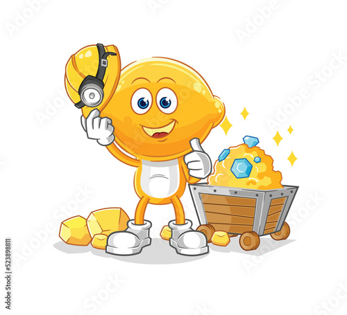 lemon head miner with gold character. cartoon mascot vector