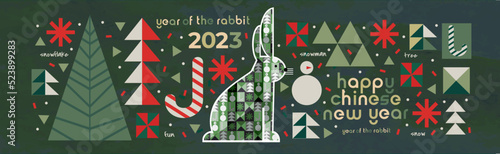 2023 is the year of the rabbit according to the Chinese calendar. Vector abstract illustrations of a rabbit, new year, Christmas tree, gifts, holiday objects. Drawings for poster, card or background