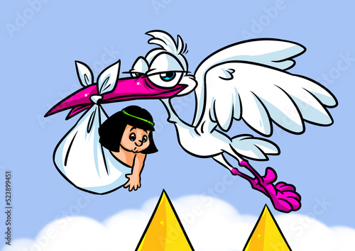 Baby birth ancient egypt stork pyramid cartoon illustration