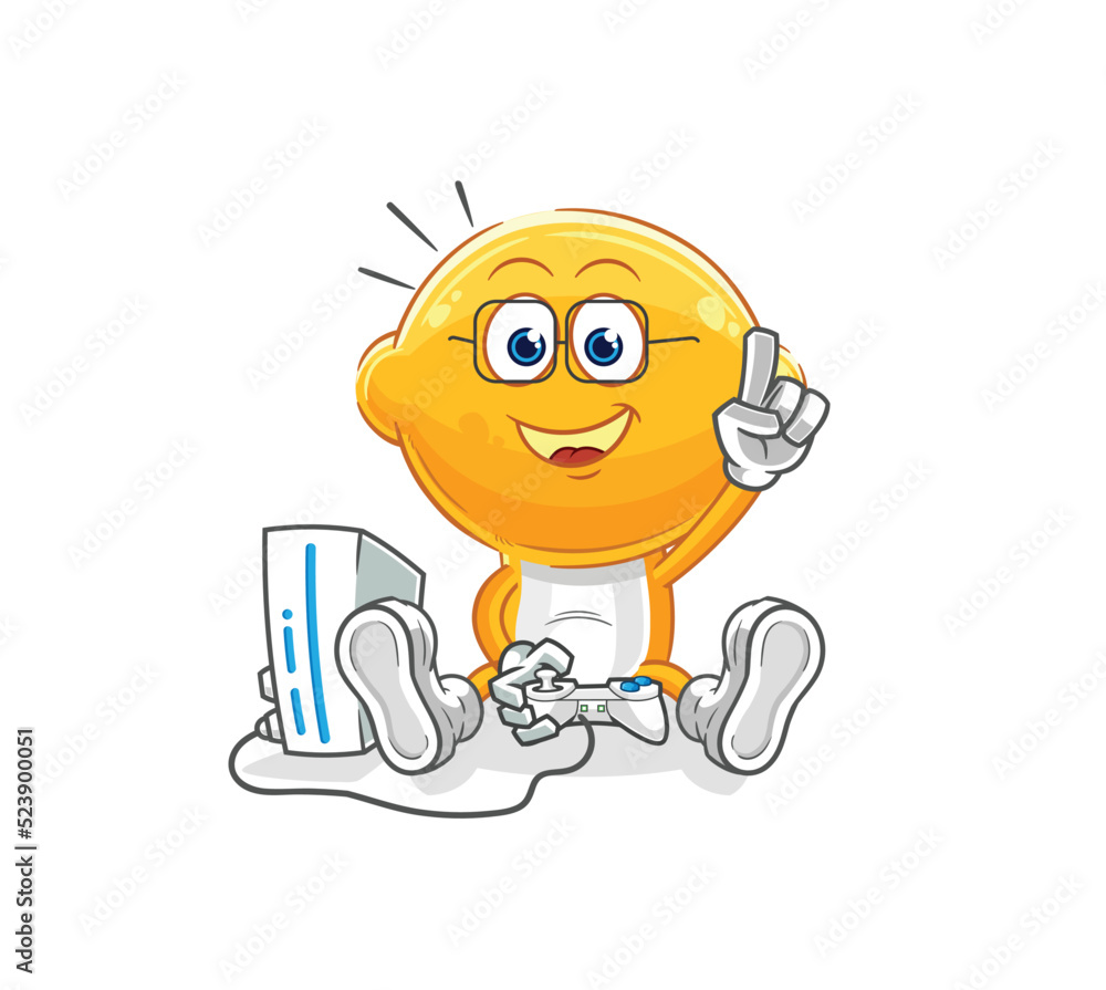 lemon head playing video games. cartoon character lemon head playing video games. cartoon character
