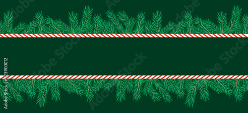 Border made of Christmas tree branches and candy cane. Horizontal, empty banner. Vector illustration.