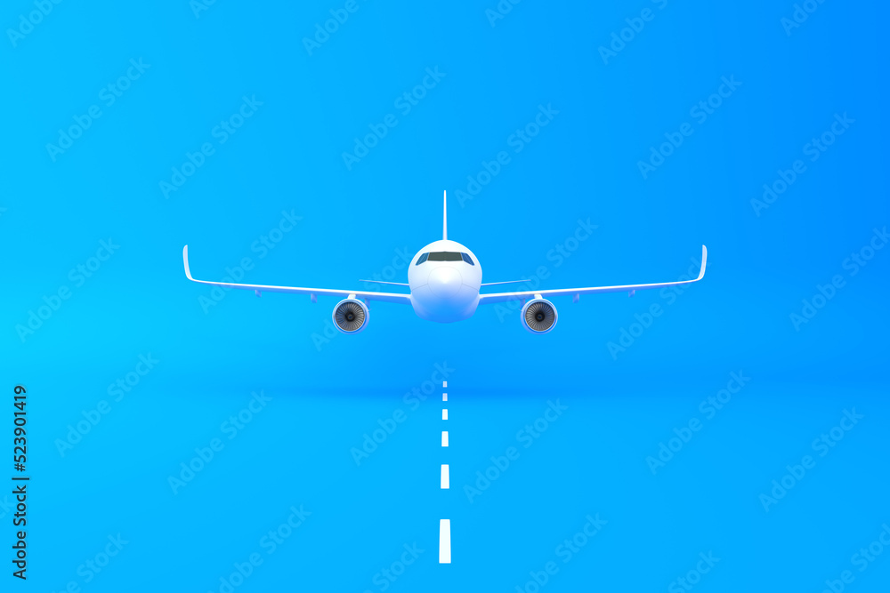 Airplane taking off the runway on a blue background with copy space. Minimal style design. Front view. 3d rendering illustration Airplane taking off the runway on a blue background with copy space. Minimal style design. Front view. 3d rendering illustration