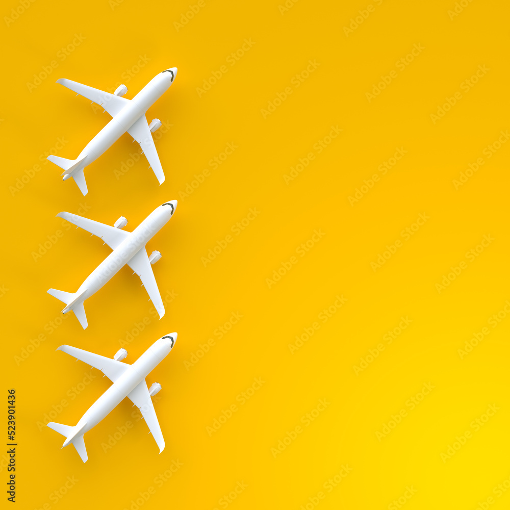 Airplanes on a yellow background with copy space. Minimal style design. 3d rendering illustration