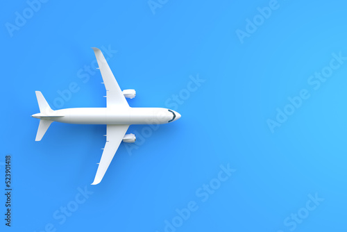 Airplane on a blue background with copy space. Minimal style design. Top view. 3d rendering illustration