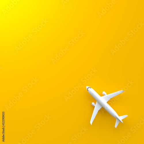 Airplane on a yellow background with copy space. Minimal style design. Top view. 3d rendering illustration