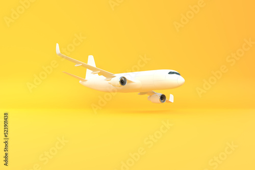 Airplane on a yellow background with copy space. Minimal style design. 3d rendering illustration