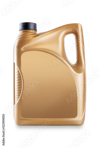 Golden engine oil canister mock up without label - plastic bottle container for car motor lubricant or fuel isolated on white background..