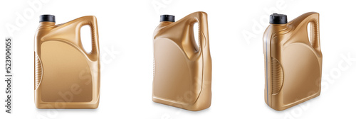 Golden engine oil canister mock up without label - plastic bottle container for car motor lubricant or fuel isolated on white background