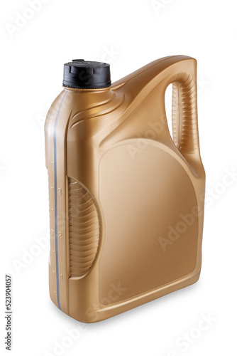 Golden engine oil canister mock up without label - plastic bottle container for car motor lubricant or fuel isolated on white background