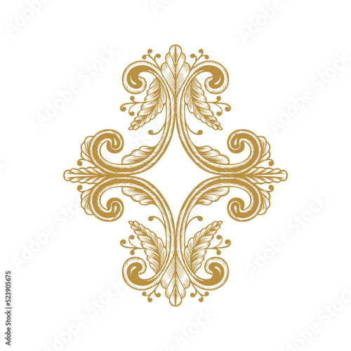 Hand Drawn Vintage damask ornamental element for design. Baroque scroll ornament. Golden Elegant abstract floral pattern border in antique style
