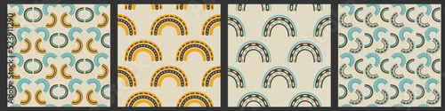 Groovy retro 70s rainbow seamless pattern. 4 old school 1970 good vibes vector background set. Warm abstract wallpaper
