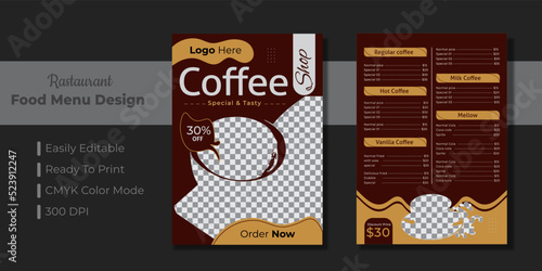 Food menu and restaurant flyer template or bi-fold brochure design.