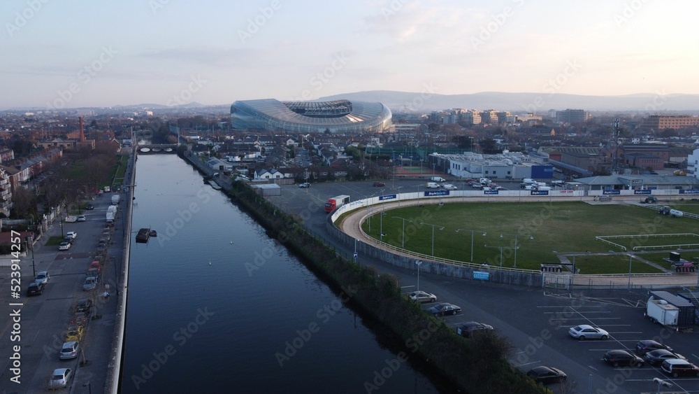 Fototapeta premium Breathtaking aerial view of the Dublin cityscape with Aviva Stadium and the River Dodder