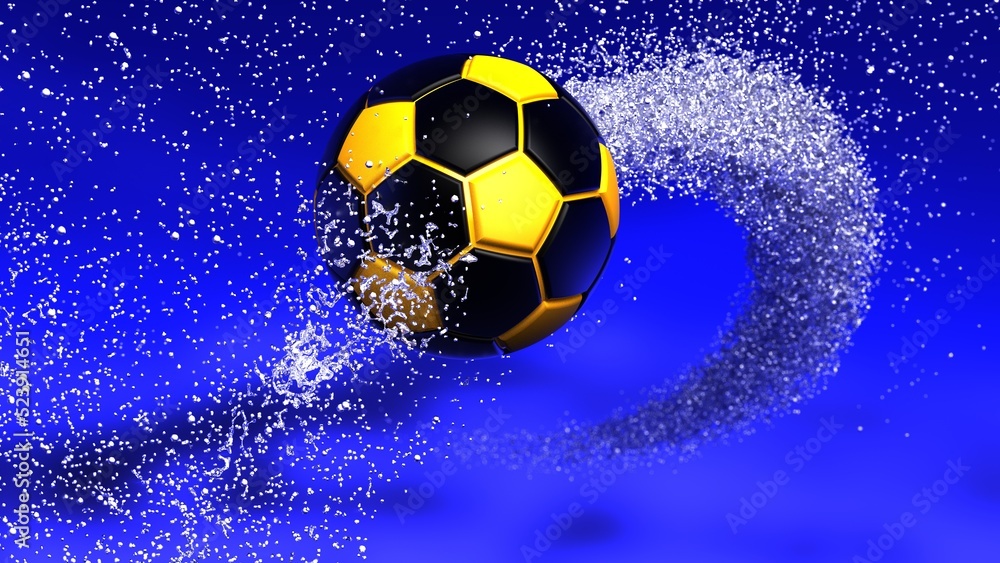 Fototapeta premium Black-Yellow Soccer Ball with Diamond Water Particles under Black-Blue Sky Lighting Background. 3D illustration. 3D high quality rendering. 3D CG.