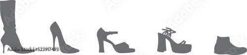 Silhouette of a collection of women's shoes isolated on the white background