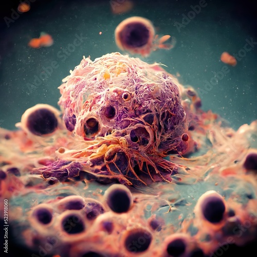 Cancer cells and cancerous malignant cell tumour growth in a human body caused by carcinogens and genetics, leukemia or lymphoma, hemotherapy or radiation therapy photo