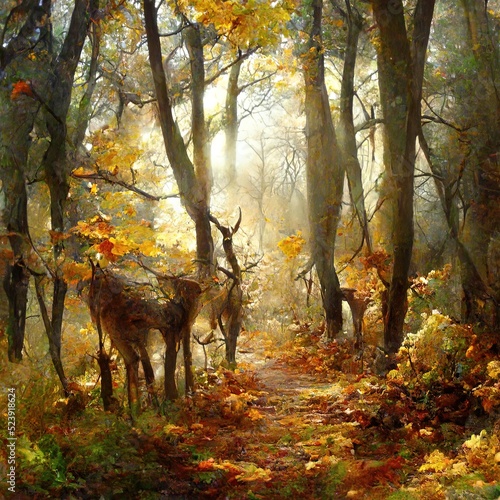 Digital image of deer in the woods, illustration