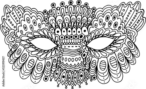 Mardi Gras fantasy mask - outline isolated element. Doodle line artwork. Coloring page for adults. Vector illustration