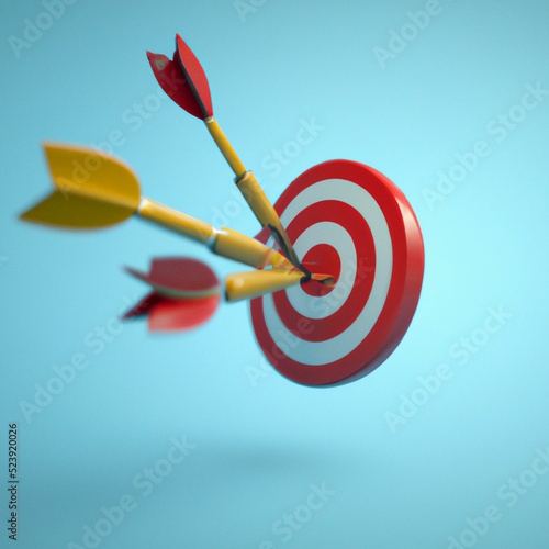 
Um alvo sendo atingido com uma flecha em um fundo azul claro, renderização 3D, ilustração 3D photo