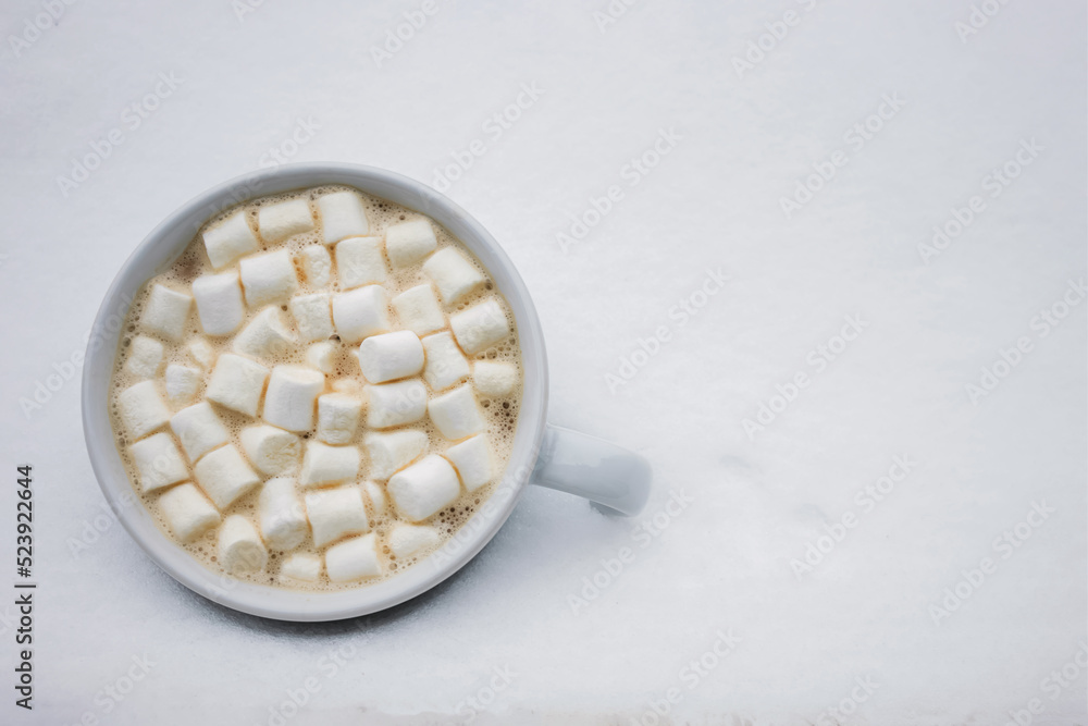 Cup with hot chocolate and marshmallow standing in the snow Cup with hot chocolate and marshmallow standing in the snow
