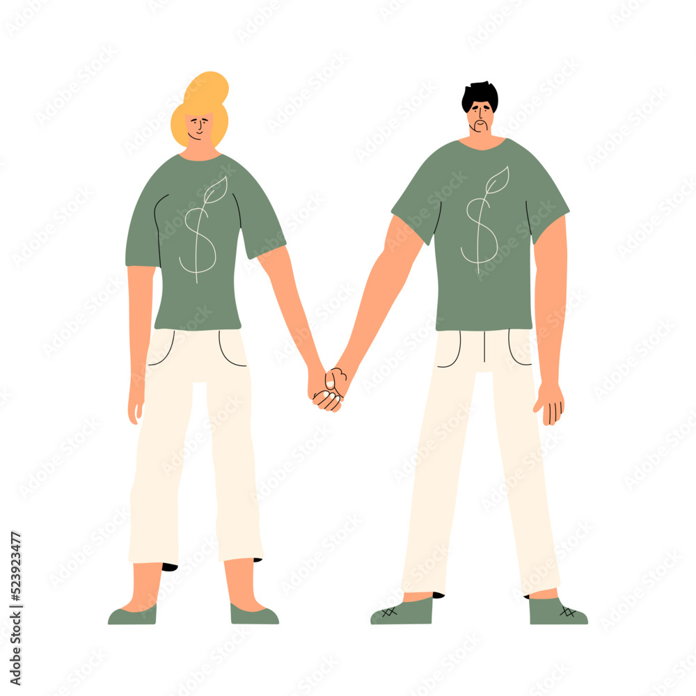 ESG concept. Environmental, social and corporate governance vector illustration in flat style. Two characters in green t-shirts are holding hands. Joint business. ESG concept. Environmental, social and corporate governance vector illustration in flat style. Two characters in green t-shirts are holding hands. Joint business.