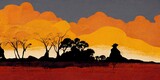 Outback Australia landscape silhouette Down Under, red sandy desert landscape of the australian outback gum trees under an orange, red, yellow sky, Australian Aboriginal Flag colours