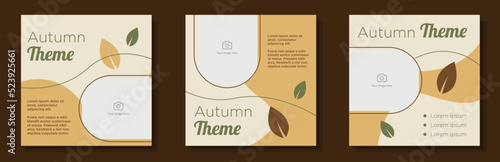 Autumn theme social media post, banner set, seasonal sale advertisement concept, warm brown color marketing square ad template, offer abstract print, isolated on background