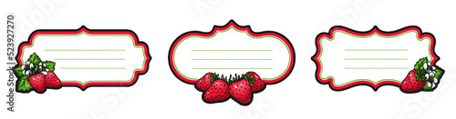 Strawberry authentic retro vector craft labels. Badges with handdrawn berries flowers and leaves. Farmers market premium quality packaging stickers for craft jam marmalade candy, juice smoothie fresh