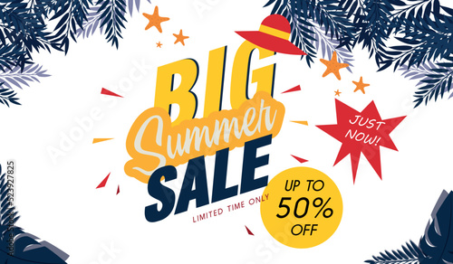 Poster on a big summer sale on a white background and discount information with an editable text