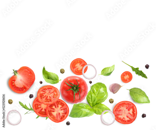 Fresh ripe tomatoes with garlic, onion, basil, arugula and peppercorns on white background, top view