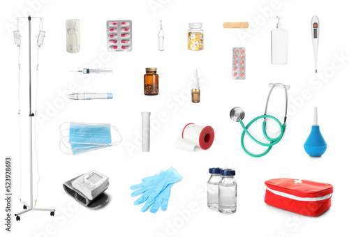Set with drop counter stand and different medical equipment on white background