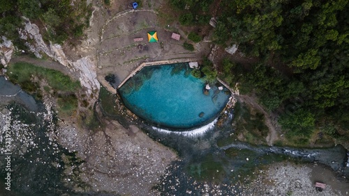 Benja Thermal Baths Pools, Albania. No people in the pool. Aerial top down view. photo