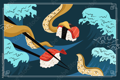 Japanese food sushi and sashimi drawing poster design. Japan national dish rice and raw fish and shrimp. Squid or octopus tentacles hold chopsticks on sea waves. Seafood roll bar menu promo eps banner