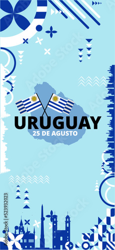 Uruguay national independence day snapshot or story vector design. Uruguay flag and map theme with building landmark background. Abstract geometric retro shapes of blue and white color. 