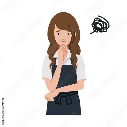 立って手をあごにあてて困っている店員の女性