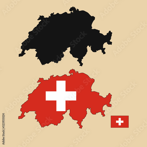 Vector of Switzerland country outline map with flag set isolated on plain background. Silhouette of country map can be used for template  report  and infographic.
