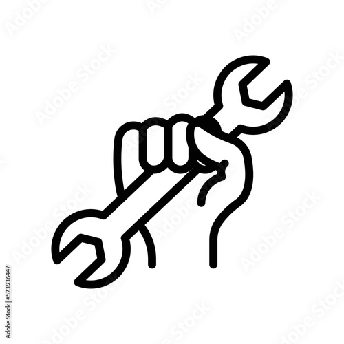 Hand holding double wrench icon. icon related to construction, labor day. Line icon style. Simple design editable