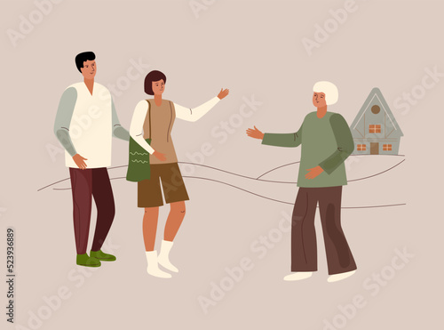 Grandchildren run to visit old grandma . Happy grandmother and children family vector illustration.
