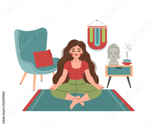 Yoga time girl in lotus position vector flat