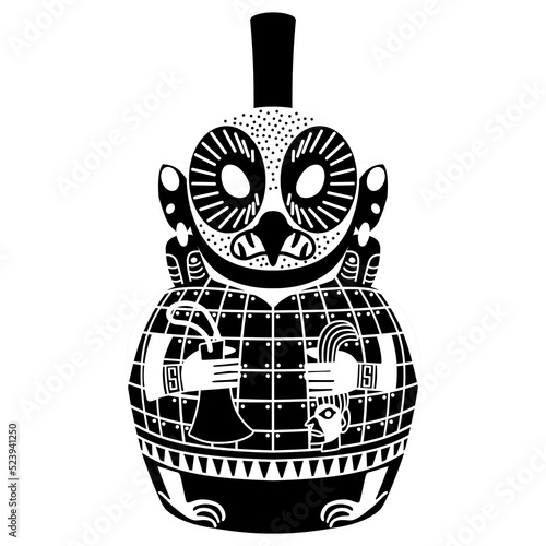 Ancient Peruvian vessel in a shape of owl. Native American art of Mochica Indians. Moche pottery. Totem bird holding human head and an axe. Black and white silhouette.