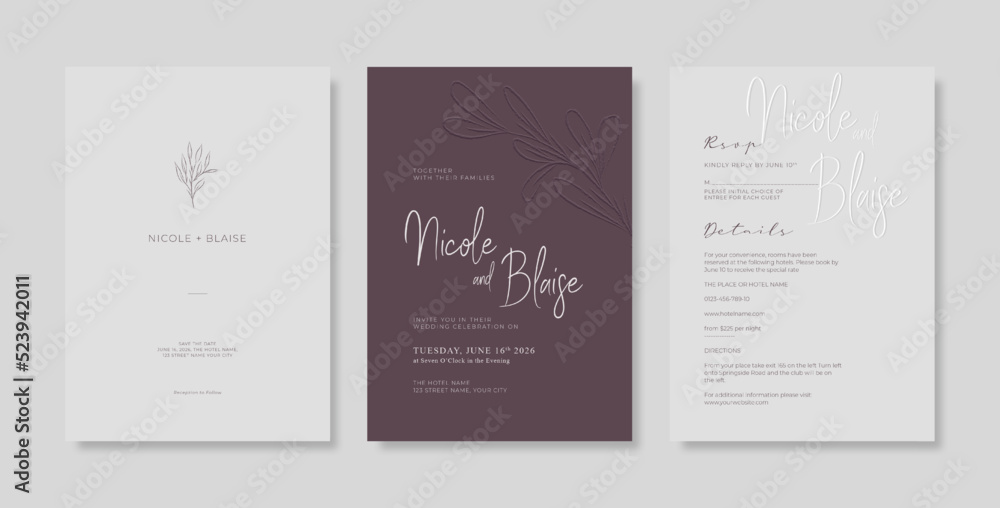  Simple and minimalist wedding engagement template. Wedding invitation template with engraved leaves