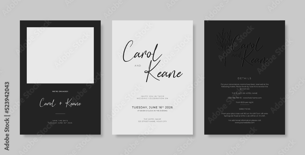 Elegant black and white wedding card template. luxury and minimalist wedding invitation with engraved style. engraved monochrome wedding card template.
