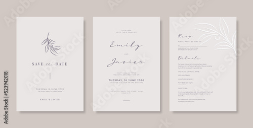 Wedding invitation template with engraved leaves. Simple and minimalist wedding engagement template