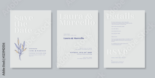 Engraved wedding card design with beautiful floral, luxury wedding invitation with simple and minimalist style