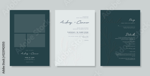 Green engraved wedding card design template. set of luxury wedding invitation with engraved leaves