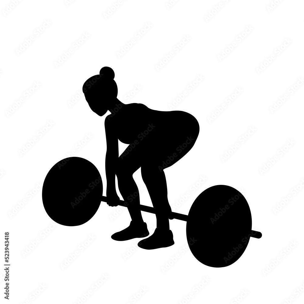 Obraz premium Kobieta podnosząca dużą sztangę. Martwy ciąg z ciężarem. Dziewczyna uprawiająca sport. Czarna sylwetka na białym tle. Ilustracja wektorowa.