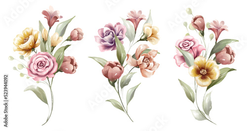 Beautiful floral bouquet of colorful flowers watercolor set