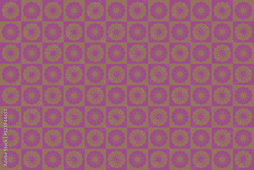 Checkers seamless pattern. Geometric flowers in  purple and mocha brown color. Simple and trendy flat vector illustration in retro style. Elegance background, checkerboard, 60s, 70s, hippie aesthetics