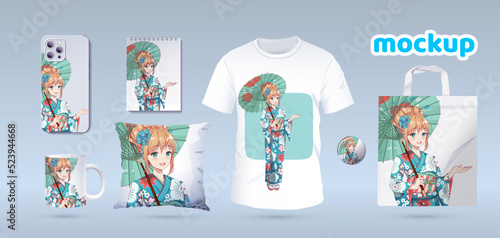 Anime girl in kimono. Prints on t-shirts, cases, souvenir